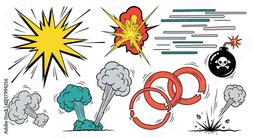 Comic Book Explosion and Sound Effect Elements: Starbursts, Bombs, Smoke, and Impact Graphics