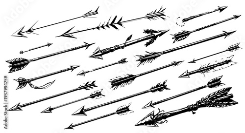Arrows hand drawn set with black ink designs featuring illustrations, collection, graphics with medieval and ancient