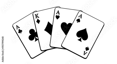 Cards playing set with aces and king in black and white featuring spades, hearts, diamonds with clubs and card game