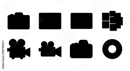 Cameras icon set with film and photography symbols black featuring icons, silhouettes, graphics with media and