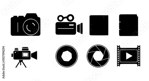 Cameras and video equipment icons with lens aperture and film strip graphic elements featuring camera, camcorder,