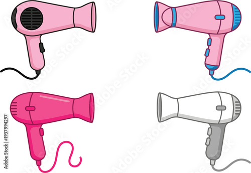 Hair dryer icon set beauty salon styling electric haircare appliance fashion vector illustration collection design