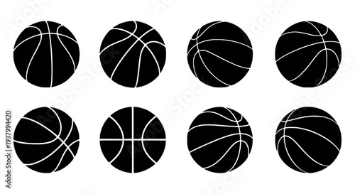 Balls basketball set with various white panel designs featuring sports, athletics, court with game and play elements