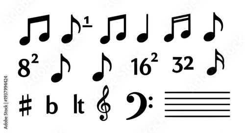 Notes musical set with various symbols and markings for rhythm and pitch featuring music, clefs, rests with sharp and