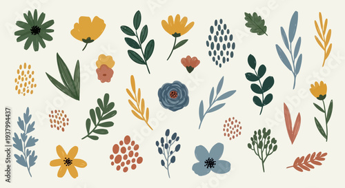 Abstract floral elements and leaves in a doodle style with muted colors