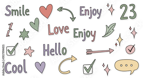 Positive affirmation doodle stickers with words like 'Smile', 'Love', 'Enjoy', and 'Cool'