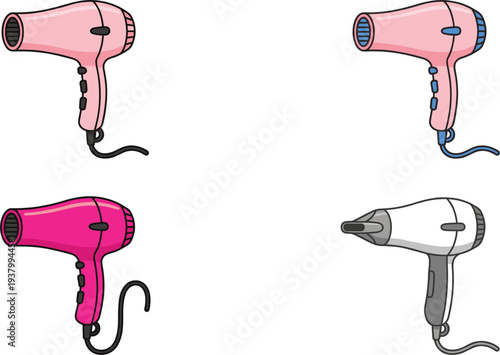 Hair dryer icons set electric beauty salon hairstyling appliance haircare equipment fashion vector illustration collection