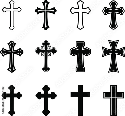 Collection of various cross symbols in black and white