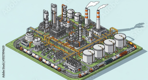 Isometric Oil Refinery Plant Illustration with Tanks and Chimneys.