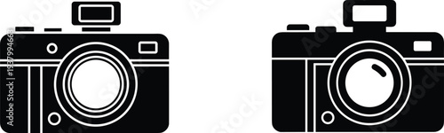 retro camera icon set vintage photography analog film camera outline filled black white vector illustration shutter lens viewfinder