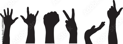 A group of raised hands with various gestures in a row on a white background
