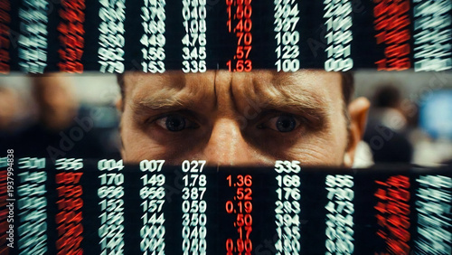 A man stares anxiously at a stock market display, overwhelmed by rapidly changing numbers.