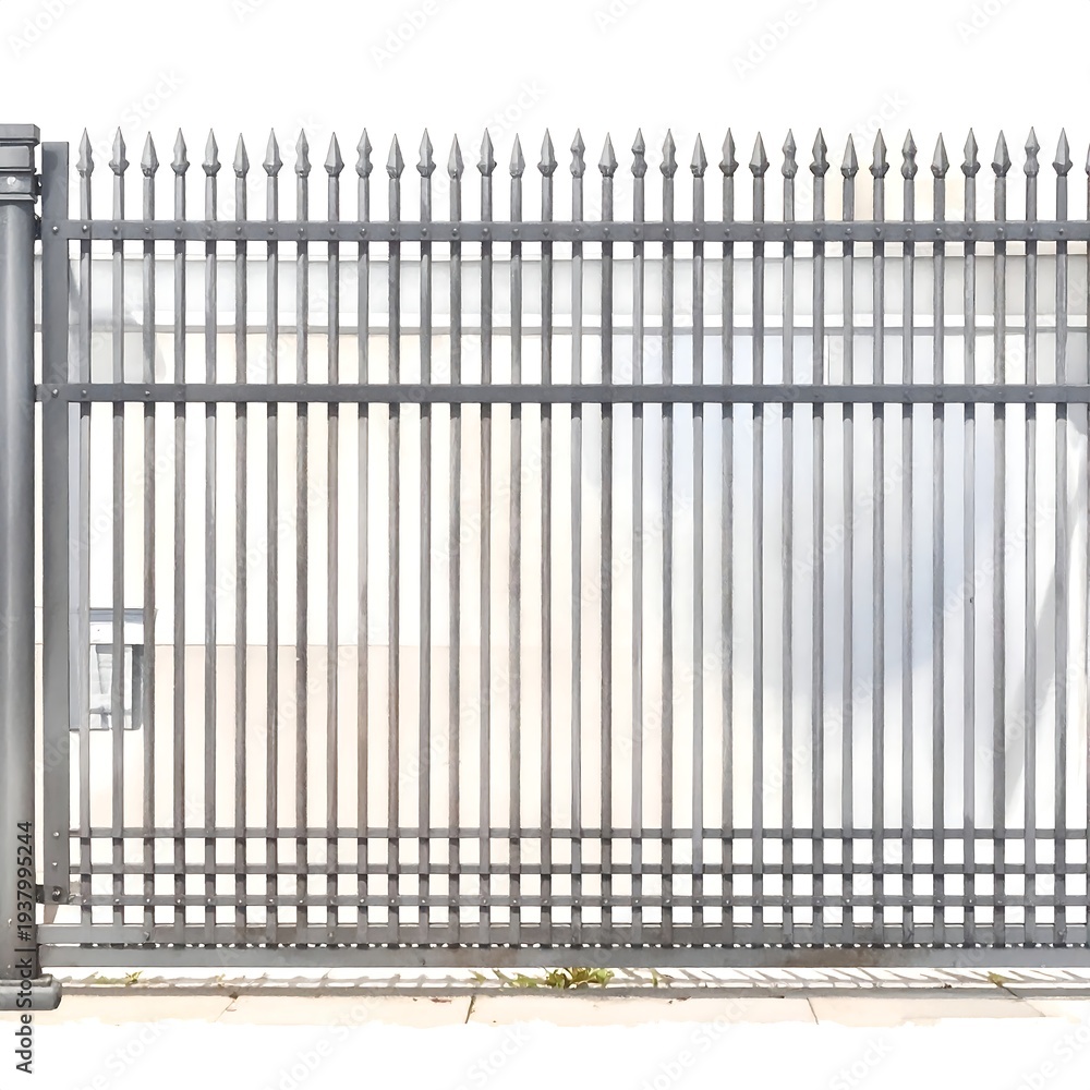 Obraz premium A metal gate with pointed tips and vertical bars on a concrete base