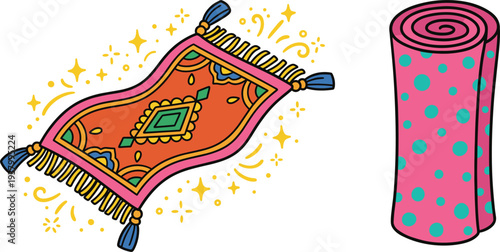 Magic flying carpet and rolled rug set colorful fantasy oriental carpet illustration decorative textile design concept