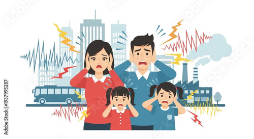 Family experiencing noise pollution in a city environment.