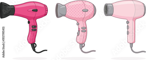 Pink hair dryer collection beauty salon hairstyling equipment electric blow dryer cosmetic fashion tool illustration set