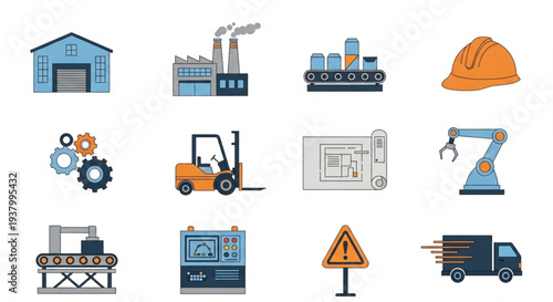 Set of Industry and Manufacturing Icons in Flat Design.