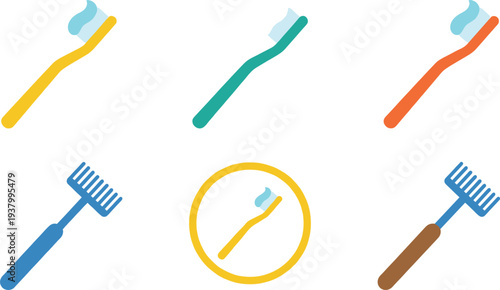 Toothbrush icons set dental hygiene oral care cleaning tool bathroom health vector illustration collection
