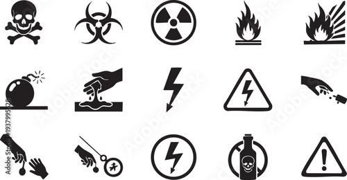 A collection of 12 hazardous warning symbols used for safety and caution