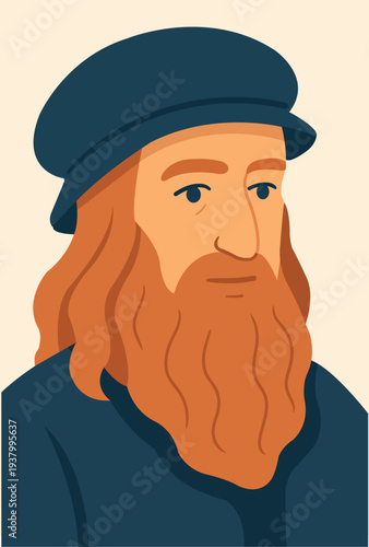Leonardo da Vinci is a vector portrait in a simplified style.Minimalistic vector illustration of Leonardo da Vinci with a red beard and a dark hat. Renaissance painter