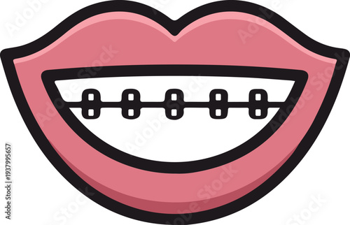  Vector image of smiling lips with braces. Minimalistic vector image of smiling pink lips with braces on teeth. A symbol of dentistry, orthodontics and oral health care on a white background.