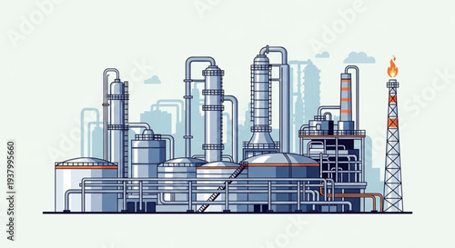 Modern Industrial Chemical Plant with Tall Towers and Storage Tanks.