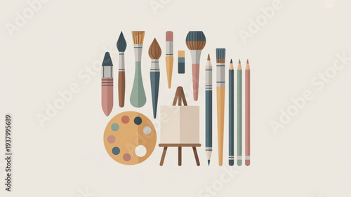 Colorful artistic supplies arranged on beige background including brushes pencils palette and easel with canvas for creative projects and hobbies
