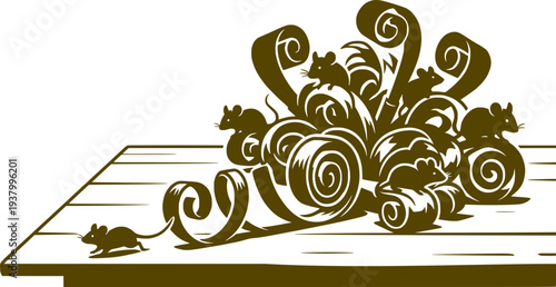 Artistic vector illustration of several mice exploring curled wood shavings or decorative ribbons on a wooden surface. Creative concept for craftsmanship, carpentry, and curious nature.