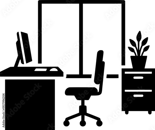 Minimalist vector silhouette of an empty modern office workspace. Featuring a desk with a monitor, an ergonomic chair, a filing cabinet with a plant, and a large window.