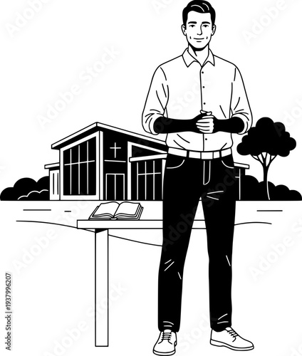 Vector illustration of a pastor or church leader standing in front of a modern chapel. Man in a shirt and trousers with a bible on a podium. Religion, community, and faith concept.