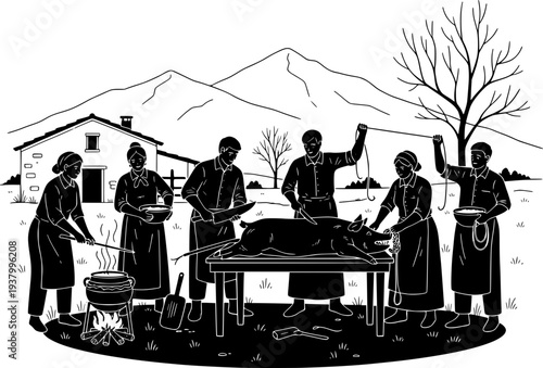 Vector illustration of a traditional rural pig slaughter. Group of people in a farm processing meat outdoors with mountains and a farmhouse in the background. Folklore and heritage concept.