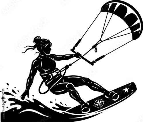 Silhouette of a woman kitesurfing on a wave. Action vector illustration of kiteboarding, extreme water sports, summer adventure, and adrenaline. Minimalist black and white lifestyle design.