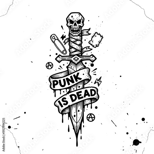 Punk rock tattoo flash art illustration. A dagger with a skull on the hilt and a banner that reads "Punk is Dead". Gritty black and white design with anarchy symbols and safety pins.