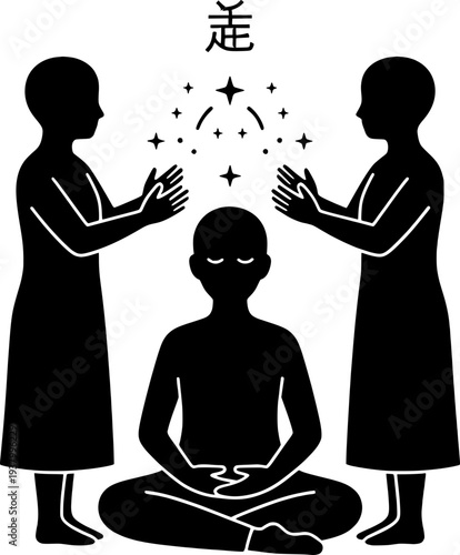 Spiritual healing vector illustration. Two practitioners performing reiki or energy therapy on a meditating person. Zen concept with stars, mystical aura, and kanji symbol for wellness.