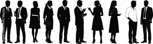 Business professionals silhouettes networking, corporate team communication, office colleagues collaboration, formal attire group discussion, teamwork concept