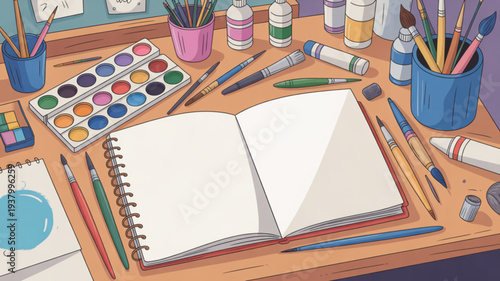 Artist's desk with art supplies and an open blank notebook for creative writing or drawing