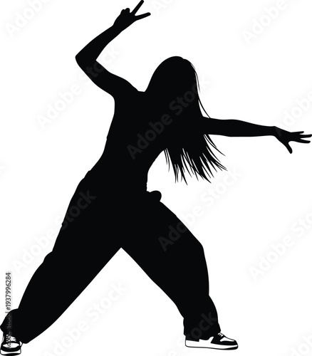 Dynamic hip hop dancer silhouette in energetic street dance pose, modern urban style movement, blue outline illustration for performance art design