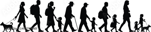 Silhouette of diverse people walking together, adults children and dog, family community figures with cane backpacks handbags, interaction movement illustration design