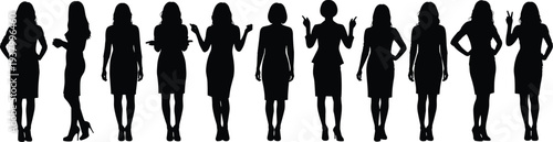 Silhouette of twelve women standing in row, diverse poses with dresses and heels, casual clothing figures, fashion posture illustration design