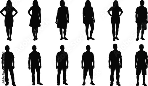 Silhouette of twelve diverse people, six men and six women, standing in varied poses, casual clothing figures, diversity illustration designSilhouette of twelve diverse people, six men and six women