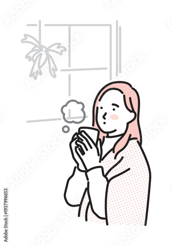 シンプル　イラスト　温かい飲み物で体を温める女性のイメージ ベクターイラスト