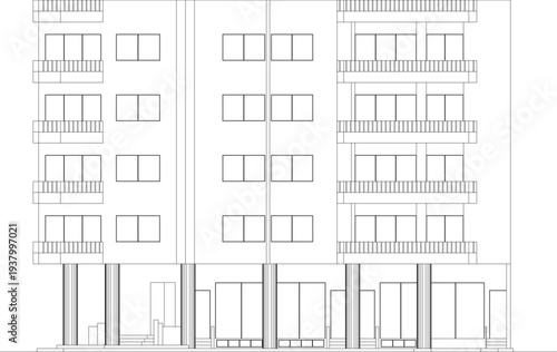 Technical architectural elevation drawing showing multi-story residential building with balconies, ground floor commercial spaces and structural columns in line art style.