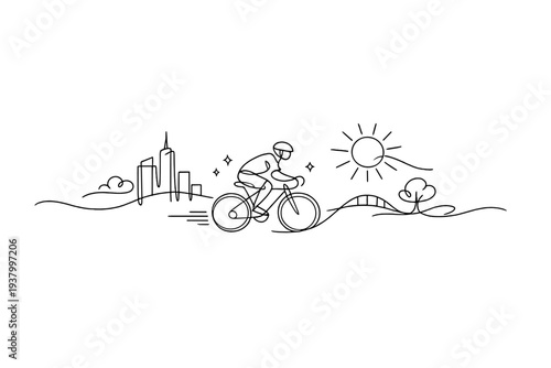 Minimalist line art of a cyclist riding a bike through a city landscape at sunrise