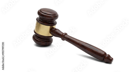 Canvastavla close-up view of a dark wooden judge's gavel with a metallic band, signifying legal proceedings and decisions, on a transparent background