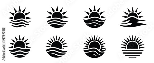 Sun Wave Icon Set, Ocean and Sea Wave with Sun Symbols for Summer Beach Landscape Design