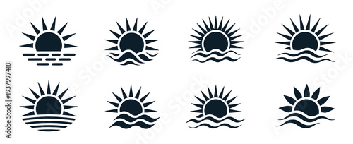 Sun Wave Icon Set, Abstract Sunset and Ocean Wave Symbols for Travel, Nature and Summer Theme