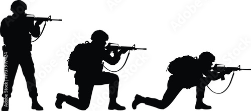 Armed soldiers silhouette vector illustration showing standing, kneeling, crouching combat stances with rifles, helmets, backpacks, tactical military readiness
