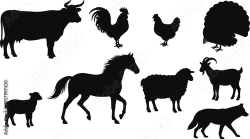 Black farm animal silhouettes vector illustration featuring cow, horse, sheep, goat, dog, rooster, hen, turkey, lamb collection