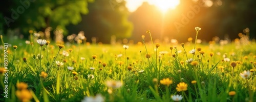 Golden hour sunlight bathes a vibrant summer landscape, illuminating lush green grass and wildflowers in a picturesque meadow Perfect for summer, nature, and idyllic themes , tranquil, field