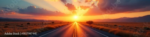 Golden rays illuminate a tranquil road stretching towards a vibrant sunrise, painting the sky with breathtaking hues Perfect for travel, nature, and inspirational themes , morning, sky